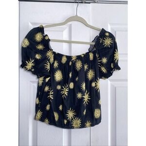 Modcloth Womens Large Black Daytime Mood Babydoll Peasant Astrology Sun Top